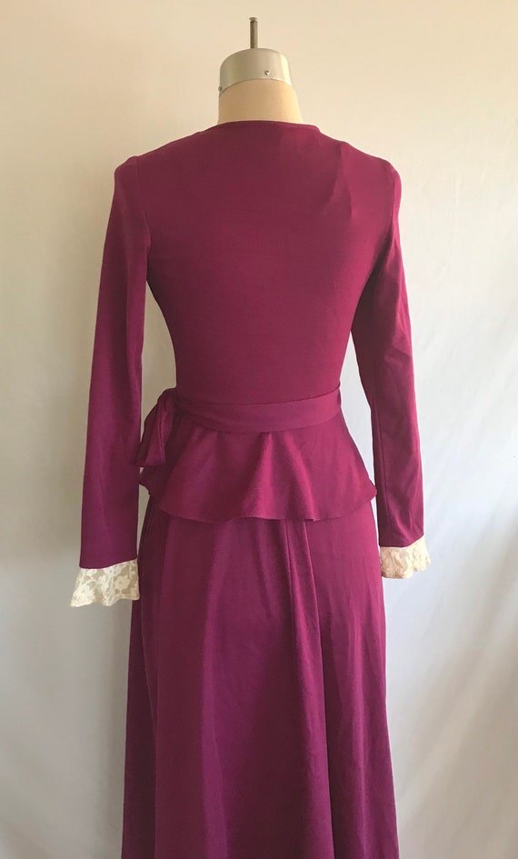 1970s Wrap Peplum Jersey Knit Purple Maxi Dress w… - image 8