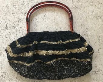 1950s Black and Gold Crochet Purse with Plastic Bottom - Rockabilly Purse - Pin Up Purse - Handmade Purse - Rayon Corde Purse