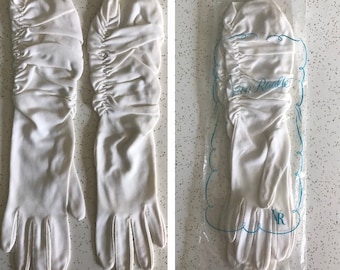 Early 1960s Never Worn Van Raalte Shirred White Gloves in Packaging - Formal Gloves - Forearm Length Gloves