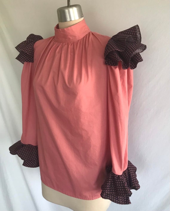 1970s Does 1890s Coral Calico Puff Sleeve High Neck Blouse -Victorian Blouse -Cottagecore Blouse -Prairie Blouse -Edwardian Blouse