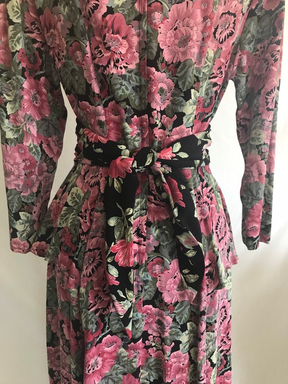 1980s Carole Little Black and Pink Floral Rayon P… - image 9