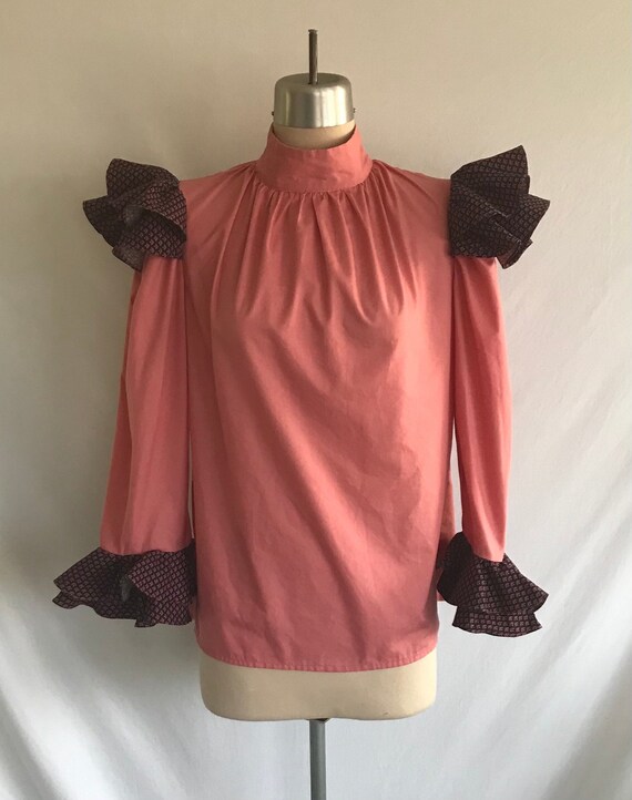 1970s Does 1890s Coral Calico Puff Sleeve High Ne… - image 2