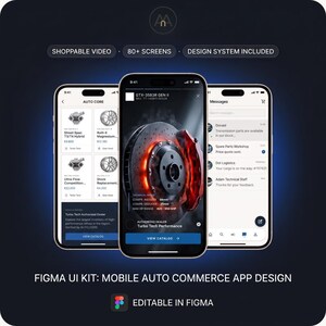 May include: Three smartphones displaying a mobile auto commerce app design. The center screen shows a car brake rotor with red glowing accents and technical specifications. The side screens show product listings and a messaging interface. Text includes SHOPPABLE VIDEO, 80+ SCREENS, DESIGN SYSTEM INCLUDED, AUTO CORE, and FIGMA UI KIT: MOBILE AUTO COMMERCE APP DESIGN.