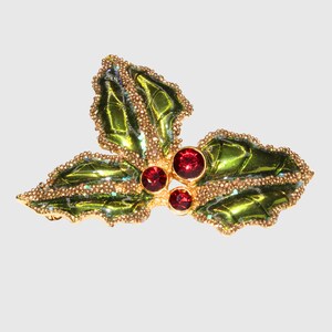 Vintage Holly Berry Christmas Brooch - Green Enamel & Ruby Red Crystals