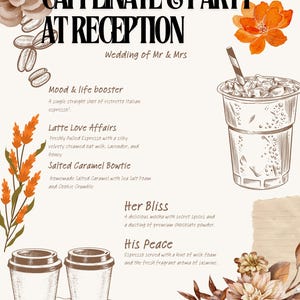 Menu de café para recepção de casamento editável