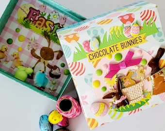 Handgemachte handgefertigte handgefaltete Assemblage Kunst 3-D SHADOW BOX Miniatur Diorama Osterhase Geschenk-Box OOAK