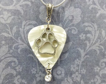 Guitar Pick Paw Print necklace Pearl