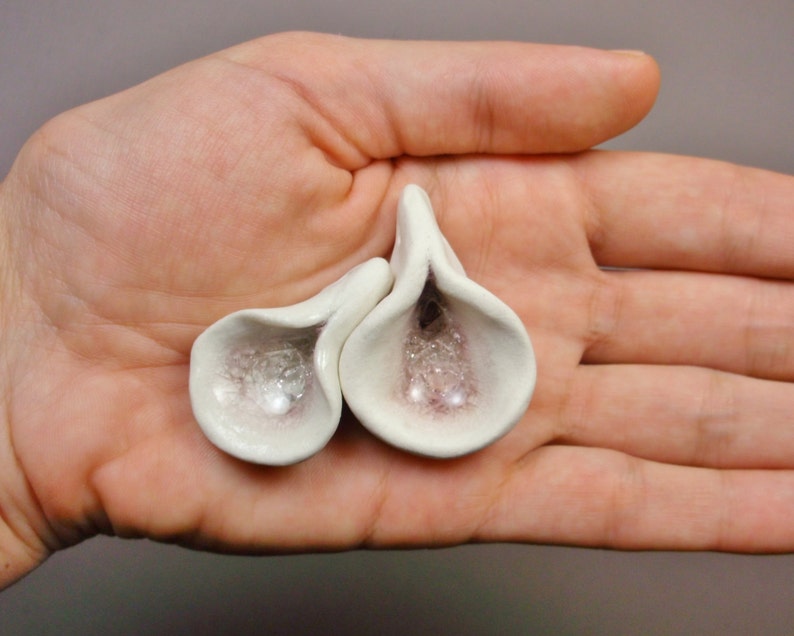 Nestling Calla Lilies, Pair of Porcelain Yoni Flower Pendants with Pale Amethyst Purple Recycled Glass, Mature image 1