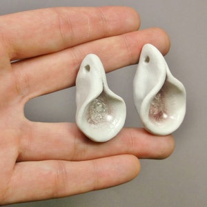 Nestling Calla Lilies, Pair of Porcelain Yoni Flower Pendants with Pale Amethyst Purple Recycled Glass, Mature image 3