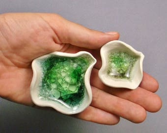 Pair of Lily Pads,  Set of Two Sculptural Porcelain Bowls with Variegated Emerald and Moss Glass Pools