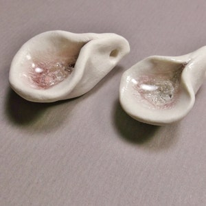 Nestling Calla Lilies, Pair of Porcelain Yoni Flower Pendants with Pale Amethyst Purple Recycled Glass, Mature image 4