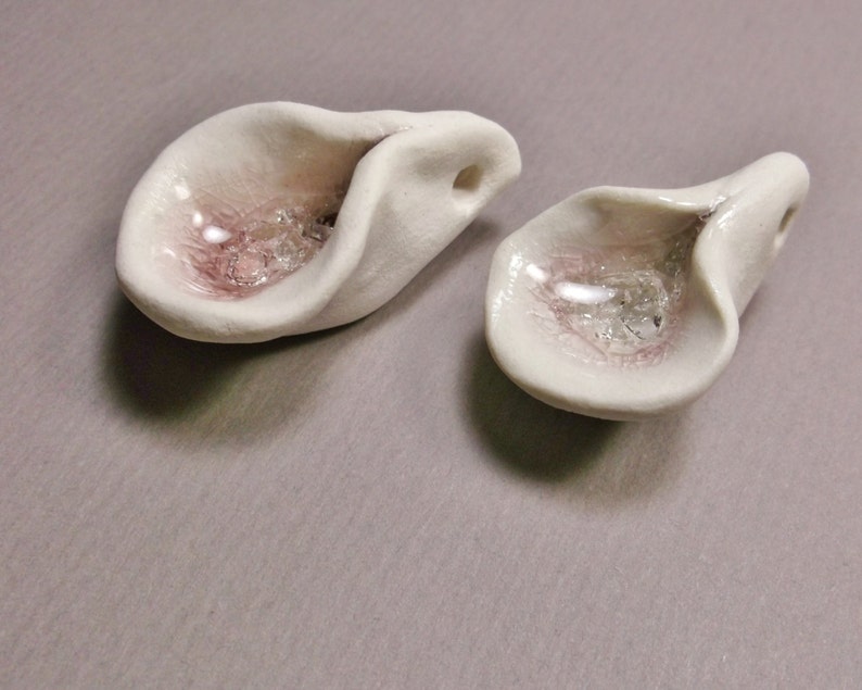 Nestling Calla Lilies, Pair of Porcelain Yoni Flower Pendants with Pale Amethyst Purple Recycled Glass, Mature image 4