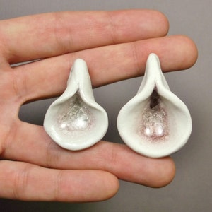 Nestling Calla Lilies, Pair of Porcelain Yoni Flower Pendants with Pale Amethyst Purple Recycled Glass, Mature image 2