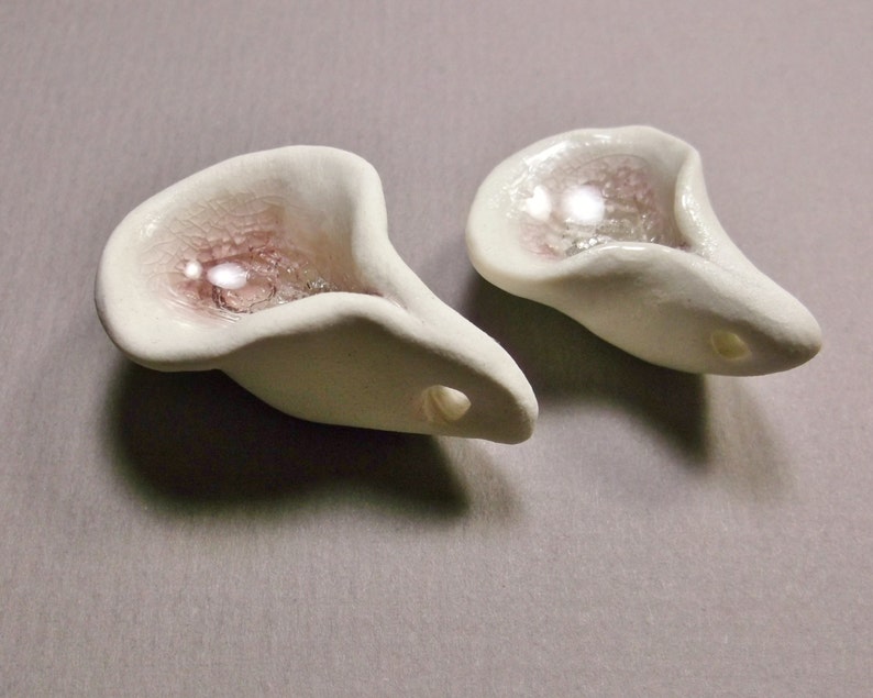 Nestling Calla Lilies, Pair of Porcelain Yoni Flower Pendants with Pale Amethyst Purple Recycled Glass, Mature image 5