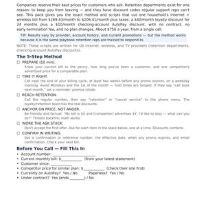 May include: A document titled Bill Negotiation Call Script Pack containing word-for-word scripts for phone calls. It outlines a 5-step method for bill reduction, including sections for preparation, timing, and a fill-in-the-blank form for account details.