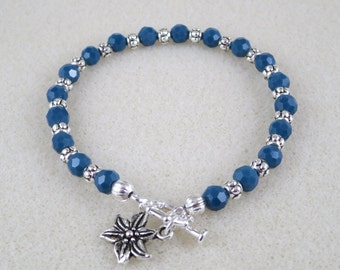 Bracelet - Teal Green/ Blue and Silver with Flower Charm
