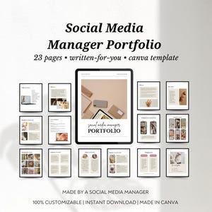 May include: A digital portfolio template for social media managers. The template is designed in Canva and includes 23 pages of content. The cover page features the text "social media manager PORTFOLIO" in a modern font.