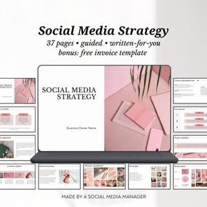 May include: A laptop computer displaying a presentation titled "Social Media Strategy" with 37 pages of guided content. The presentation includes slides with titles like "Brand Overview", "Brand's Moodboard", and "Feed Plan". The laptop is on a pink surface with a plant in the background.