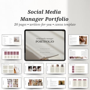 Puede incluir: Una plantilla digital para un portafolio de administrador de redes sociales. La plantilla está diseñada en Canva e incluye 20 páginas de contenido. La plantilla presenta un diseño minimalista con un fondo claro y un texto gris oscuro.