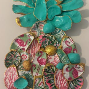Coastal Shell Pineapple Decor 13” | Turquoise & Pink Flamingo Seashell Art | Tropical Coastal Gift