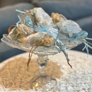 May include: A clear glass cake stand holds several small, sheer organza bags. The bags are tied with light blue and tan ribbons. The stand has a scalloped edge and a textured surface.