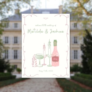 Welcome Sign Template, Modern Editable Welcome Sign Template, Minimalist Printable Welcome Sign, Wedding Welcome Sign. Green & Pink Doodle.