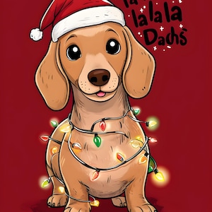Niedliche Dackel Weihnachtskarte, festlicher Hintergrund für den digitalen Download, Weihnachtsbeleuchtung mit Weihnachtsmütze
