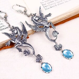Aquamarine Pegasus Earrings, Hippocampus, Fantasy Jewelry, Wings, Medieval, Seahorse, Renaissance, Ren Faire Costume, Mythology, E28
