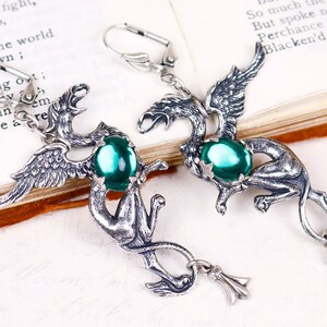 Emerald Gryffon Earrings, Griffin Jewelry, Medieval Griffon, Heraldry, Renaissance Jewelry, Tudor Costume, Ren Faire Wedding, Mythology, E22