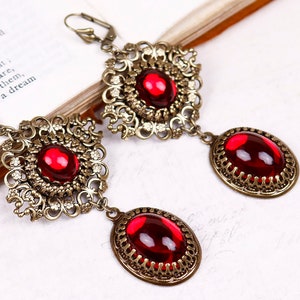 Red Renaissance Earrings, Victorian Bridal Earrings, Medieval Costume, Ren Faire Wedding, SCA Garb, Filigree Jewelry, Bridesmaid, E24