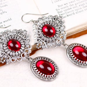 Red Renaissance Earrings, Victorian Bridal Earrings, Medieval Costume, Ren Faire Wedding, SCA Garb, Filigree Jewelry, Bridesmaid, E24