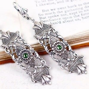 Boucles d'oreilles en filigrane français, cristal vert fougère, boucles d'oreilles de mariée victoriennes violettes, bijoux de mariée, mariage Ren Faire, E21 image 1