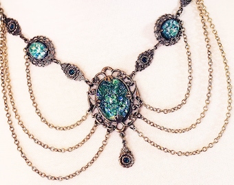 Emerald Renaissance Necklace, Teal Green, Medieval Jewelry, SCA, Tudor Garb, Victorian Wedding, Antiqued Gold, Filigree Festoon, N6