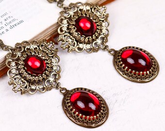 Red Renaissance Earrings, Victorian Bridal Earrings, Medieval Costume, Ren Faire Wedding, SCA Garb, Filigree Jewelry, Bridesmaid, E24