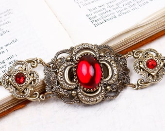 Red Victorian Bracelet, Bridal Jewelry, Ruby Renaissance Bracelet, Medieval Bride, Ren Faire Wedding, Handfasting, Quatrefoil Jewelry, B1