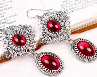 Red Renaissance Earrings, Victorian Bridal Earrings, Medieval Costume, Ren Faire Wedding, SCA Garb, Filigree Jewelry, Bridesmaid, E24