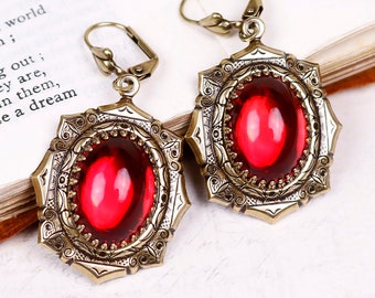 Medieval Ruby Earrings, Red Jewelry, Victorian Earrings, SCA Garb, Renaissance Wedding, Medieval, Handfasting, Bridal, E25