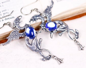 Gryffon Earrings, Sapphire Blue,  Griffin Jewelry, Heraldry, Medieval, Renaissance Jewelry, Tudor Costume, Ren Faire, Bride, Mythology, E22