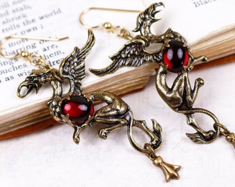 Red Gryffon Earrings, Griffin Jewelry, Medieval Griffon, Heraldry, Renaissance Jewelry, Tudor Costume, Ren Faire Wedding, Mythology, E22