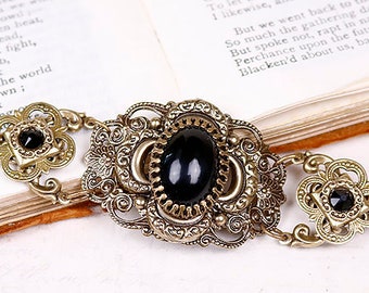 Black Renaissance Bracelet, Romantic Gothic Victorian Bridal Jewelry, Antiqued Filigree, Medieval Ren Faire Bride, Crystal Jet B1