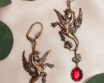 Red Pegasus Earrings, Ruby Medieval Jewelry, Hippocampus, Fantasy Jewelry, Winged Horse, Ren Faire Costume, Mythology, E28