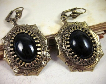 Boucles d'oreilles médiévales, boucles d'oreilles Black Jewel Renaissance, pierres noires, vêtements, bijoux Tudor, bijoux gothiques victoriens, E25