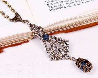 Dark Blue Beaded Necklace, Navy Victorian Filigree, Tudor, Medieval Jewelry, Ren Faire, Garb, Victorian Pendant, Renaissance Wedding, N10