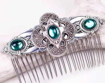 Emerald Bridal Comb, Victorian Bride, Renaissance Wedding, Medieval Hair Adornment, Green Comb, Ren Faire Jewelry, SCA Garb Vintage Style C2