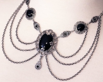 Black Gothic Victorian Necklace, Festoon Necklace, Dark Victorian Jewelry, Medieval Jewelry, SCA Garb, Renaissance Wedding, N6