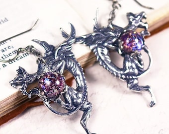 Purple Dragon Earrings, Dragon Jewelry, Medieval, Renaissance Jewelry, Tudor, Costume, Ren Faire, Garb, Heraldry, Fantasy, Mythology, E18