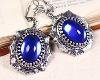 Sapphire Medieval Earrings, Blue Ren Faire Accessories, Renaissance Earrings, Tudor, SCA Garb, Costume, Victorian Earrings, Bridal, E25