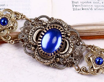 Bracelet médiéval bleu saphir, néo-gothique victorien, mariage Renaissance, filigrane antique, Ren Faire, cristal Montana B1