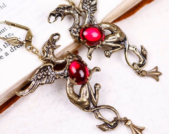 Red Gryffon Earrings, Griffin Jewelry, Medieval Griffon, Heraldry, Renaissance Jewelry, Tudor Costume, Ren Faire Wedding, Mythology, E22