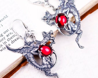 Red Dragon Earrings, Dragon Jewelry, Medieval, Renaissance Jewelry, Tudor, Costume, Ren Faire, Garb, Heraldry, Fantasy, Mythology, Wing, E18